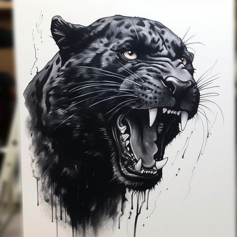 Black Tiger Tattoo Design, Black Jaguar Tattoo Design, Dark Animal Tattoos, Panther Tattoo Men, Black Panther Animal Drawing, Panther Back Tattoo, Panther Face Tattoo, Panther Tattoo Realistic, Black Jaguar Tattoo