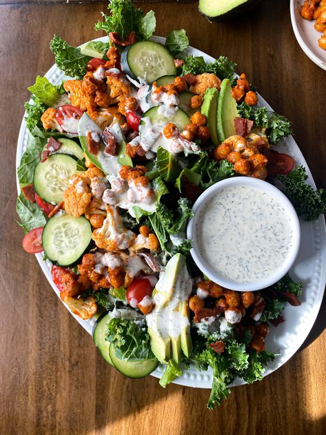 Buffalo Chickpea & Cauliflower Salad — Sweet Greens Vegan Buffalo Cauliflower Salad, Buffalo Chickpea Salad, Cilantro Ranch, Dairy Free Ranch Dressing, Buffalo Chickpea, Vegan Meat Recipe, Vegan Fries, Potato Pasta, Buffalo Cauliflower