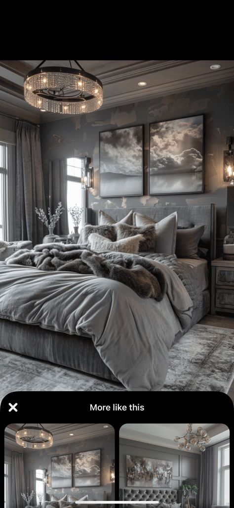 Classy Grey Bedroom, Grey Quilt Bedding Ideas, Gray Comforter Bedroom Ideas, Warm Grey Bedroom, Grey Bed Frame Bedroom Ideas, Grey Comforter Bedroom, Soft Grey Bedroom, Grey And Silver Bedroom Ideas, Cream Bedrooms