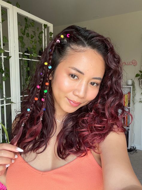 Cute hairstyle, colorful hair beads, coachella hairstyle, edc hairstyle, braids, festival hairstyle, red hair Colorful Beads In Hair, Curly Hairstyles Beads, Beads In Curly Hair, Hair Beads Hairstyles, Coachella Hairstyle, Hairstyle Red Hair, Hair Beading, Braids Festival, Beads Hairstyles