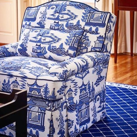 My all-time favorite chair! #lesliemaydesigns #familystyle #chinoiseriechic #blueandwhite #southernstyle #customupholstery #raleighdesign #raleighinteriors #raleighinteriordesign Chinoiserie Fabric, Blue Willow China, Blue And White Chinoiserie, Blue White Decor, White Living, Blue And White China, Nanjing, White Rooms, Blue Willow