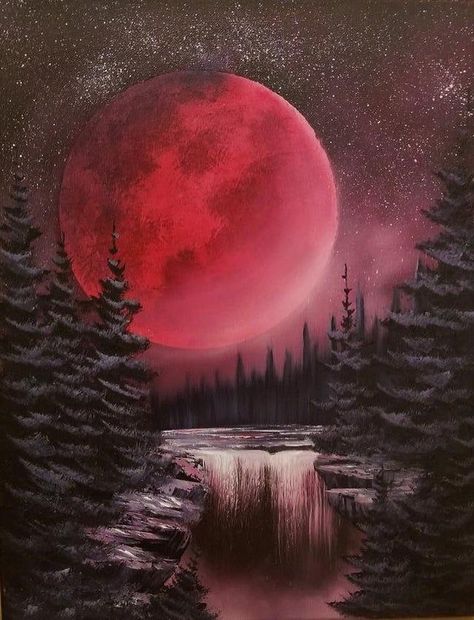 Sleep Memes, Wednesday Art, Crimson Color, Midnight Moon, Bob Ross Paintings, Moonlight Painting, The Joy Of Painting, Moon Rising, Scenery Pictures