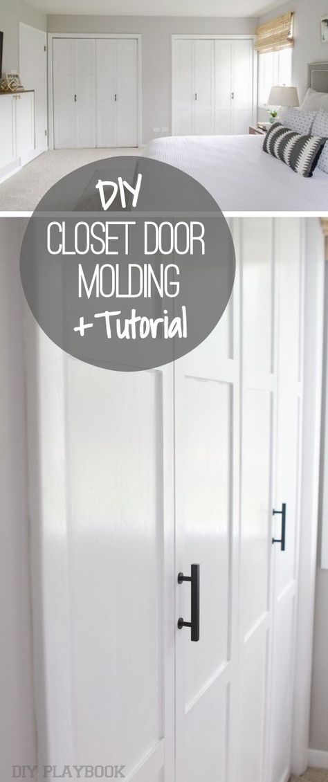 How do you upgrade an old closet door? Here's a simple tutorial on how to add DIY molding to those doors to instantly make them look far more expensive! Bifold Door Ideas, Old Closet Doors, Folding Closet Doors, Diy Closet Doors, Bedroom Closet Doors, Closet Door Makeover, Bifold Closet Doors, Simple Closet, Diy Playbook