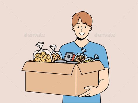 Smiling Volunteer with Food Box for Donation Aesthetic Illustrations, Minimal Drawing, Whimsical Art Journal, Minimal Drawings, Food Donation, Happy Man, School Creative, Box Food, Food Box