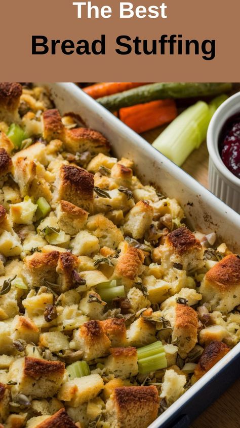 This classic bread stuffing recipe is the perfect balance of savory herbs and soft, flavorful bread. The ideal side for turkey and holiday roasts, it’s a guaranteed crowd-pleaser! #ThanksgivingStuffing #HolidayRecipes #ClassicBreadStuffing #SavorySideDishes #ComfortFoodFavorites Classic Bread Stuffing Recipe, Bread Stuffing For Turkey, Classic Stuffing Recipe, Dressing Recipes Thanksgiving, Bread Stuffing, Holiday Roasts, Holiday Sides, Savory Herb, Thanksgiving Stuffing