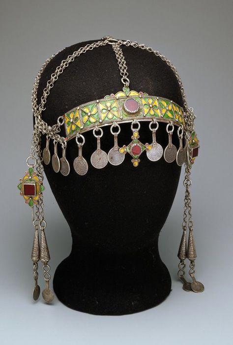 Morocco | Ceremonial headdress from the Ida ou Semlal | 20th century | Silver, enamel and glass High Fashion Makeup, Ren Fest, Moroccan Jewelry, Hair Adornments, Head Jewelry, Ancient Jewelry, Head Piece, Berber Women, African Jewelry