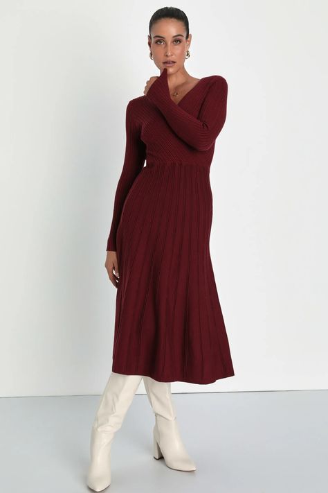 43 Best Winter Wedding Guest Dresses to Rock In Cold Weather Tall Boots With Midi Dress, Trendy Fall Dress, A Line Sweater Dress, Burgundy Wrap Dress, Midi Fall Dress, Fit And Flare Sweater Dress, Holiday Sweater Dress, Mid Size Christmas Outfit, Sweater Dress Family Pictures