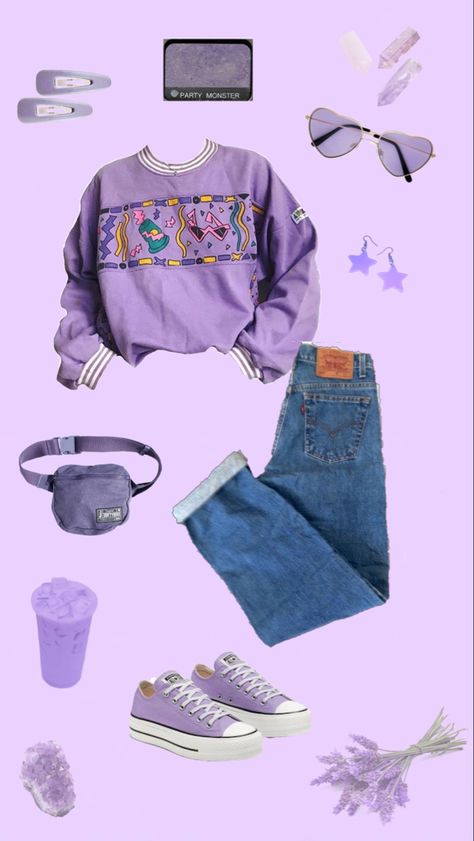 #retro #90sfashion #purple #purpleaesthetics #outfits #moodboard Purple Academia Aesthetic Outfit, 80s Purple Outfit, Purple Aesthetic Outfit Vintage, Soft Purple Aesthetic Outfit, Purple Aesthetic Outfit Grunge, Purple Outfit Aesthetic, Vintage Outfits Aesthetic, Study Outfit, Nerdy Outfits