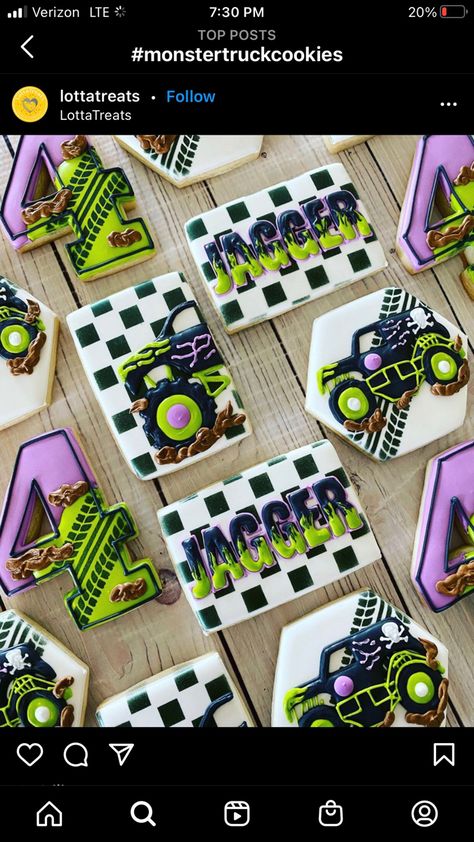 Grave Digger Cookies, Monster Jam Birthday Cookies, Digger Cookies, Monster Truck Cookies Decorated, Monster Jam Cookies, Tyler Birthday, Monster Truck Cupcakes, Monster Truck Cookies, Monster Jam Birthday Party