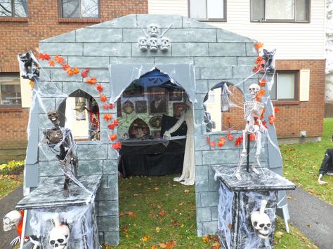 Check out our handmade mausoleum!! Haunted Canopy Tent, Halloween Tent Decorating Ideas, Baseball Halloween, Cheap Halloween Diy, Candy Witch, Tent Set Up, Yard Haunt, Haunted Attractions, Halloween Props Diy