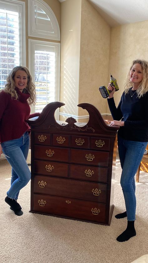 thefurnituresisters on Instagram: Chalked paint to the rescue! The sisters are at it again with an amazing dresser flip. We took this high boy dresser and created TWO new… Refinished Highboy Dresser, Painted Highboy Dresser, Two Toned Dresser Makeover, Tall Boy Dresser Makeover, Highboy Dresser Makeover, Decoupage Dresser, Tall Boy Dresser, Dresser Flip, High Boy Dresser