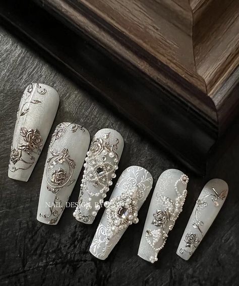 Victorian Nails Designs, Rococo Nails, Victorian Nails, Mail Designs Acrylic, Summer 2023 Nail Trends, Diy Rhinestone Nails, 2023 Nail, Sunny Disposition, Dresses Linen