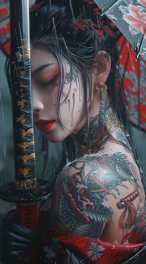 Image Black Geisha Art, Geisha Warrior Art, Chinese Woman Art, Geisha Photoshoot, Geisha Photo, Orientalism Art, Female Samurai Tattoo, Geisha Warrior, Lady Samurai