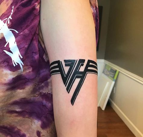 80s Rock Tattoo Ideas, Haley Tattoo, Van Halen Tattoo, Heavy Metal Tattoo Ideas, Classic Rock Tattoos, Rock Band Tattoos, Acdc Tattoo, Heavy Metal Tattoo, Van Halen Logo