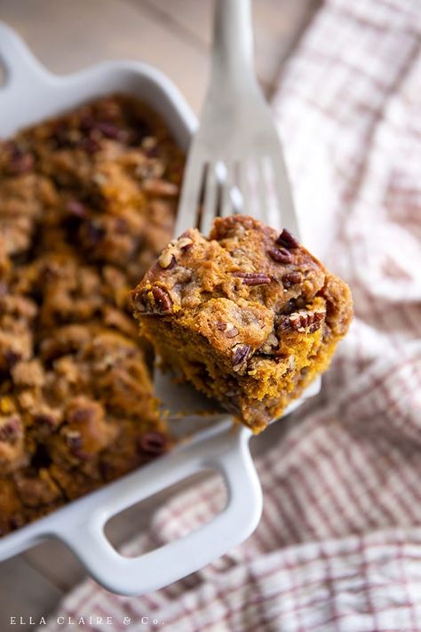 Make this moist and flavorful Pumpkin Pecan Coffee Cake for a fall breakfast or snack. It is a variation of a family recipe and has the perfect amount of spices, nuts, and crumbly brown sugar topping. Pumpkin Pecan Coffee Cake, Pecan Coffee Cake, Fall Breakfast, Pumpkin Pecan, Family Recipe, Pumpkin Recipes, Coffee Cake, Family Meals, Brown Sugar