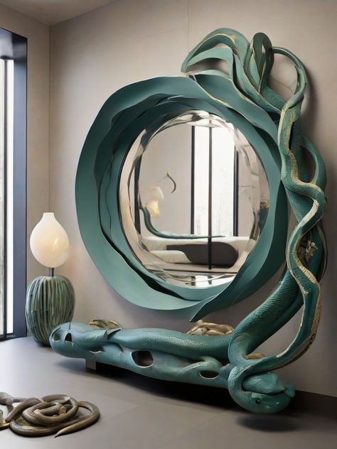 Immerse in the allure of mirror adorned with snake motives. Let the sinuous patterns create a captivating focal point, bringing a sense of bold sophistication to your decor. 🐉🌟🔮 #snakedesign #mirrorart #homedecor #exoticinteriors #pintereststyle Small Mirror Wall Decor Ideas, Motives Design, Small Mirror Wall Decor, Mirror Wall Decor Ideas, Snake Mirror, Fresh Bathroom, Creative Shapes, Art Coquillage, Copper Mirror