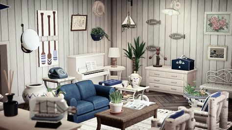 Acnh Beach House Interior, Living Room Acnh, Acnh Hhp, Themed Living Room, Blue And White Living Room, Beach Living Room, Coastal Room, Acnh Inspo, Beach House Interior