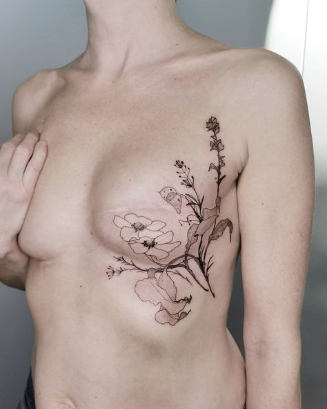 Cover Chest Tattoo, Post Mastectomy Tattoo, Breast Tattoos For Women Chest Piece, Breast Scar Tattoo, Tattoo Around Breast, Double Mastectomy Scar Tattoo, Mastectomy Scar Tattoo, Mastectomy Scars, Dahlia Tattoo