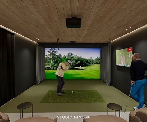 Happy Sunday! 🌞 Imagine a space where luxury and functionality meet—a movie room that transforms into a state-of-the-art golf simulator. Our latest Milton project, currently in the design phase, will feature this very cool, multi-functional room cleverly tucked away behind the wine cellar (convenient location, right?). At Studio Minosa, we believe in creating spaces that elevate your lifestyle. Whether you’re in the mood for an immersive movie night or a quick round of golf, this room offer... Golf Simulator Room Design, Simulator Room, Indoor Golf Simulator, Modern Game Room, Golf Simulator Room, Golf Room, Indoor Golf, Golf Simulator, Golf Simulators