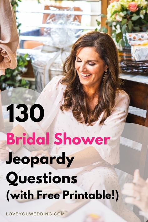 Looking for the perfect trivia bridal shower games? With 130 fun and entertaining Jeopardy questions–with a free printable!–you and your loved ones will be laughing and learning all night long! Bridal Shower Jeopardy Questions, Bridal Jeopardy Questions, Bridal Shower Jeopardy, Bridal Jeopardy Game, Bridal Jeopardy, Bride Shower Games, Jeopardy Questions, Bridal Shower Games Prizes, Bridal Shower Questions