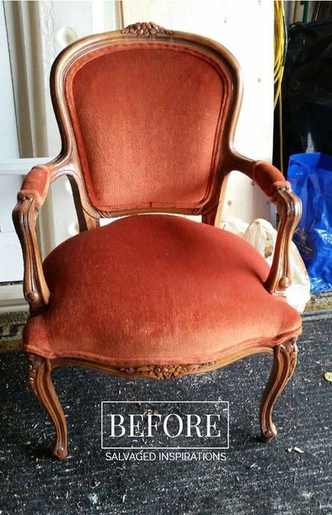 Gold Velvet Accent Chair Makeover - Salvaged Inspirations Painting Velvet Chair, Painted Velvet Chair, Diy Chair Upholstery, Accent Chair Makeover, Antique Chairs Makeover, Vintage Accent Chairs, Deconstructed Furniture, Vintage Chairs Makeover, Vintage Velvet Chairs