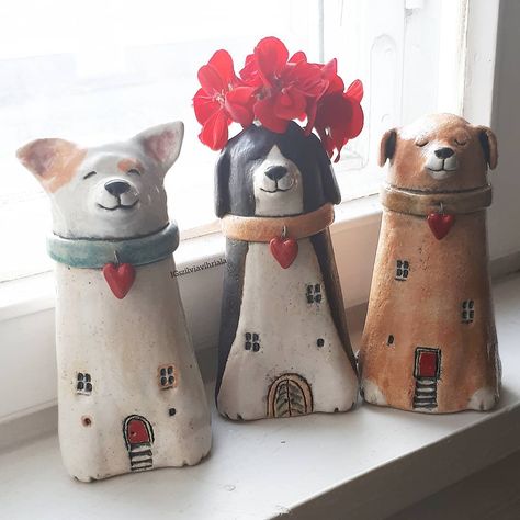 Paper Mache Art Sculpture, Ceramic Containers, Clay Owl, Pottery Animals, Paper Mache Art, Clay Crafts Air Dry, Dog Statue, Ceramic Figures, Ceramics Ideas Pottery