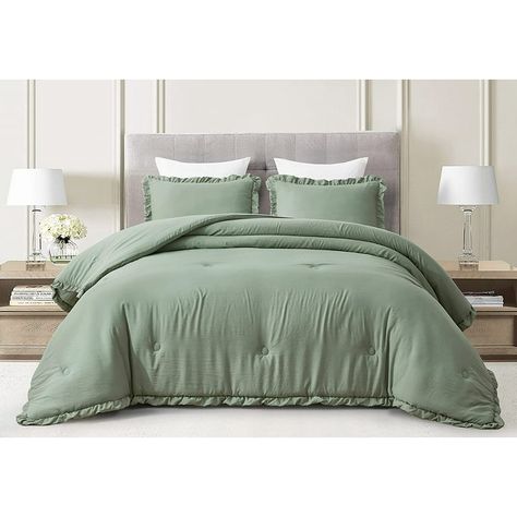 Chezmoi Collection Nora 3-Piece Sage Green Ruffled Edge Trim Microfiber Comforter Set, Queen Size - Walmart.com Sage Green Bedding Set, Sage Green Comforter, Oversized King Comforter, Green Bedding Set, Green Comforter, Comforter Bedding Sets, Twin Comforter, Green Bedding, Bed In A Bag