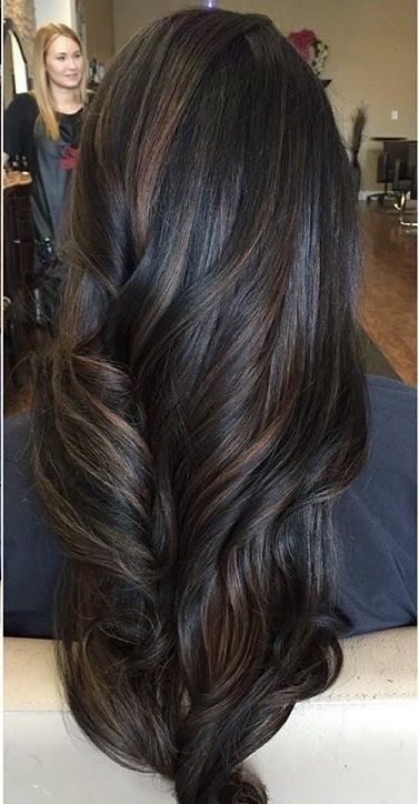 Dark Hair With Brunette Highlights, Soft Lights Hair, Black Hair And Caramel Highlights, Dark Brown With Black Highlights, Brown On Top Black On Bottom Hair, Black Hair With Brunette Balayage, Dimensional Dark Brown Balayage, Hair Highlight Patterns, Settle Balayage Brunettes