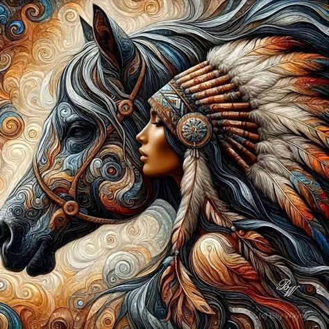 Faster shipping. Better service Native Horse Art, Art Work Inspiration, Boho Pics, Spirit Rangers, Woman And Horse, Indian Pics, American Indian Artwork, Oil Texture, Native American Woman