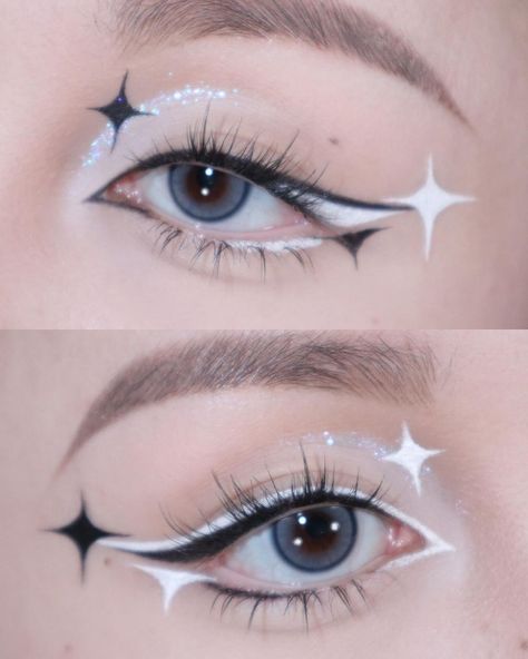 Black And White Makeup Ideas, Eye Makeup With White Eyeliner, Black And White Eyeliner Looks, Star Inspired Makeup, Egirl Eye Makeup, Black And White Eyeshadow, Kpop Makeup Looks, Black And White Eyeliner, Star Liner