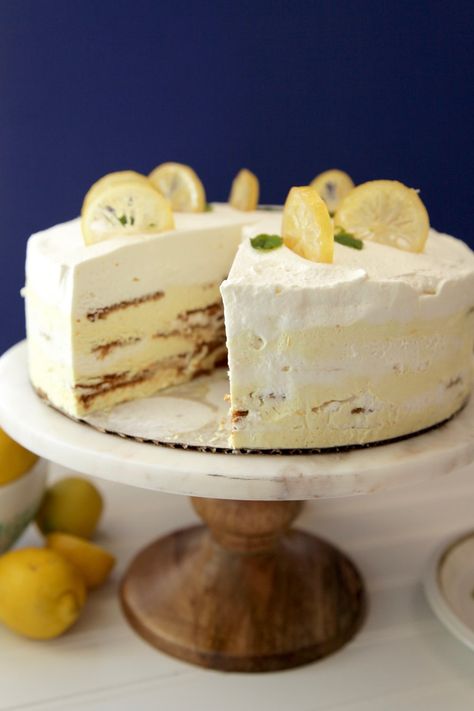 Lemon Sunshine Icebox Cake Lemon Icebox Cake Recipe, Lemon Ice Cream Cake, Lemon Ice Box Cake, Orange Desserts, I Rest My Case, Rest My Case, Gelato Cake, Lost Kitchen, Lemon Icebox Cake