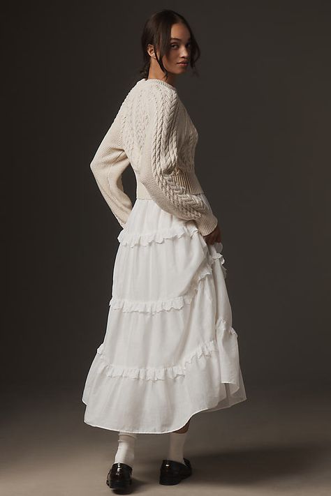 Has sweater weather ever looked (and felt) this good? A cable-knit sweater and tiered tank dress, all in one. | Twofer Sweater Tiered Dress by Anthropologie in White, Women's, Size: 2XS, Cotton/Viscose/Elastane White Cotton Midi Dress, Fashion Show Aesthetic, Twofer Sweater, Dress Stole, Cotton Jumper, Cotton Midi Dress, Cotton Viscose, Dress Gift, Inspiration Style