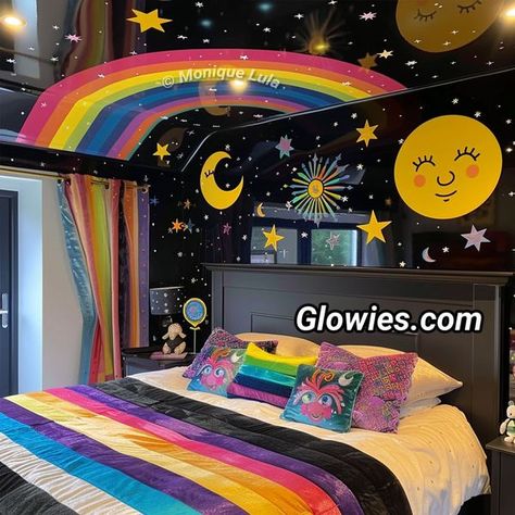 Black Lights Bedroom, Monique Lula, Rainbow Bedroom, Black Lights, Colourful Living Room Decor, Lights Bedroom, Colourful Living Room, Black Rainbow, Teen Room