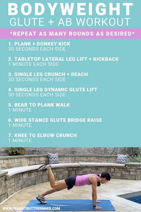 Here’s a fun bodyweight workout targeting glutes and abs. You can do anywhere from one round as a nice add on to a run or another workout or up to three rounds to make it a complete workout of its own! #workout #bodyweightworkout Glute And Ab Workout, Bigger Bum Workout, Glute Strengthening, Ab Workout With Weights, Circuit Training Workouts, Lower Body Strength, Complete Workout, Total Body Workouts, Bum Workout