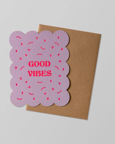 Only good vibes here with our scallop card. Send positivity with a punchy colour combo and playful print, this card adds fun to any home.  Size 127mm x 162mm This card is heat foiled on G F Smith Colorplan 350gsm card stock and comes with a natural kraft fleck brown envelope.  All cards are designed and produced in West Yorkshire, UK.  Keep it, frame it, treasure it. Typography Greeting Cards, Business Card Colorful, Wish Card Design, Birthday Card Aesthetic, Xoxo Card, Cards Aesthetic, Positive Design, Best Wishes Card, Card Frame