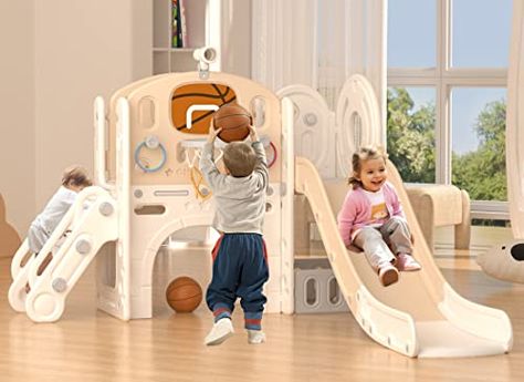 XJD 8 in 1 Toddler Slide Set, Kids Slide for Toddlers Age 1 , Toddler Climber Slide PlaySet with Basketball Hoop and Ball,Outdoor Indoor Playground for Toddlers 1-3 (Beige Coffee, 8 in 1)