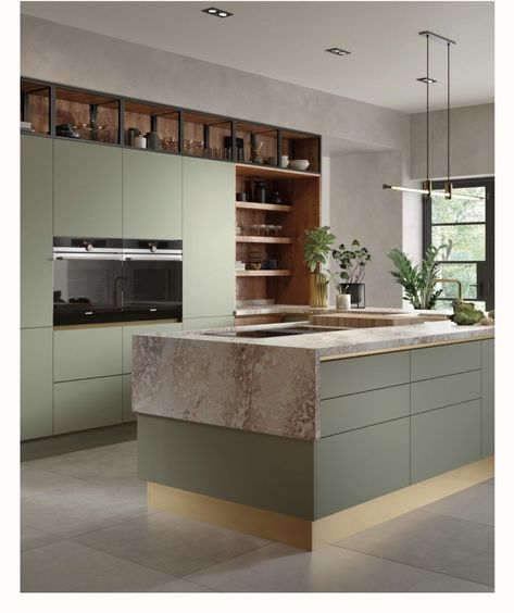 Green Kitchens, Sage Green Kitchen, Handleless Kitchen, Small Kitchen Island, London Kitchen, Modern Kitchen Island, Life Kitchen, Kitchen Island With Seating, Kitchen Images