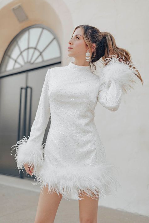 Bridal Minis Wedding After Party Dress For Bride, Long Sleeve White Dresses, Untamed Petals, 70s Wedding, Wedding Reception Dress, Feather Trim, Bridal Event, Dress Order, Soft Tulle