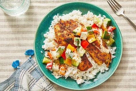 Togarashi+Tilapia+&+Garlic+Rice+with+Marinated+Cucumbers+&+Sweet+Peppers.+Visit+https://www.blueapron.com/+to+receive+the+ingredients. Ponzu Sauce, Blue Apron Recipes, Marinated Cucumbers, Marinated Vegetables, Dried Orange Peel, Garlic Rice, Sweet Peppers, Cooking Temperatures, Blue Apron