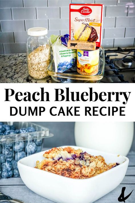 This easy Peach Blueberry Dump Cake is a great dessert for a crowd! It's one of my favorites to make for a party or potluck! #easydessert #dumpcake #peachdumpcake #blueberrydumpcake Blueberry Peach Dump Cake, Peach Blueberry Crisp, Blueberry Dump Cake, Blueberry Dump Cake Recipes, Cake Mix Cobbler, Blueberry Cake Mix, Peach Cobbler Dump Cake, Fast Easy Desserts, Tasty Sweets