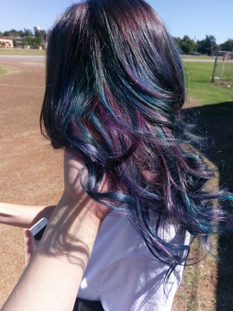 Blue Hair With Purple Streaks, Brown Purple Blue Hair, Blue And Purple Hair With Bangs, Blue And Pink Highlights In Brown Hair, Blue Purple Brown Hair, Dark Blue And Purple Hair Highlights, Dark Blue And Dark Purple Hair, Blue Highlighted Hair, Purple Hair Blue Highlights