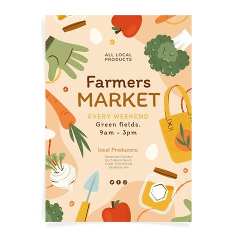 Free Vector | Hand drawn flat design farmers market illustration Farmers Market Illustration, Market Illustration, From Farm To Table, Market Poster, Market Sign, Permaculture Design, Cedar Trees, Vector Hand, Design Challenges