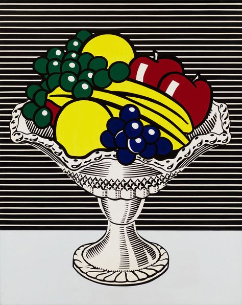 A pop still life of a bowl of fruit by Roy Lichtenstein Pop Art Roy Lichtenstein, Roy Lichtenstein Art, Roy Lichtenstein Pop Art, Prophetic Painting, Pop Art Party, Lichtenstein Pop Art, Pop Art Food, Claes Oldenburg, Robert Rauschenberg