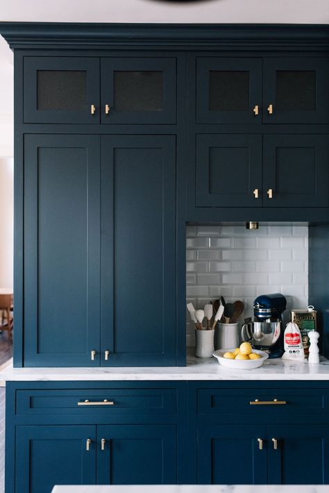 Hale Navy Benjamin Moore Kitchen Cabinets, Bm Hale Navy Cabinets, Hale Navy Kitchen Cabinets Farmhouse, Best Dark Navy Paint For Cabinets, Hale Navy Bathroom Vanity, Hale Navy Kitchen Cabinets, Hale Navy Kitchen, Recessed Can Lighting, Cottage Addition