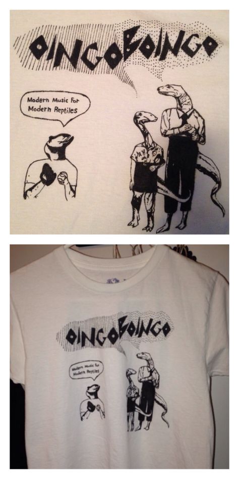 Oingo Boingo demo ep "modern music for modern reptiles" artwork, hand drawn on a t-shirt with a fabric marker. I'm pretty proud of myself with this one :) Hand Drawn T Shirts, Drawn On Shirt, Hand Drawn Shirt Design, Oingo Boingo Shirt, T Shirt Drawing Ideas Fabric Markers, Fabric Marker Shirt, Fabric Marker Designs, Fabric Marker Ideas, Hand Drawn Shirt