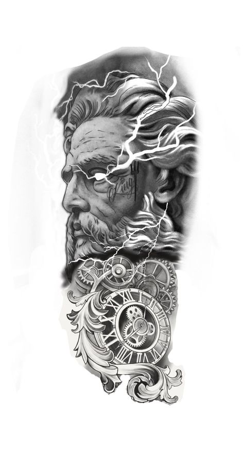 Zeus Arm Tattoo, Ancient Greek Tattoo Mythology, Ancient Greek Tattoo, Arm Tattoo Men, Jesus Tattoo Design, Half Sleeve Tattoo Stencils, Tattoos Back, Poseidon Tattoo, Zeus Tattoo