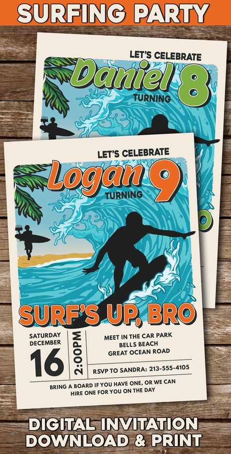 Looking for a cool Surfing Party Invitation? Look no further. Surf's Up, Bro!
These are Digital Surfing Party Invitations that I edit and you download and print, or send from your phone. Surf Party Ideas, Surfing Birthday Party, Surf Theme Party, Surfing Party, Surfer Party, Birthday Themes For Adults, Surf Birthday, Birthday Party Decorations For Adults, Summer Invitation