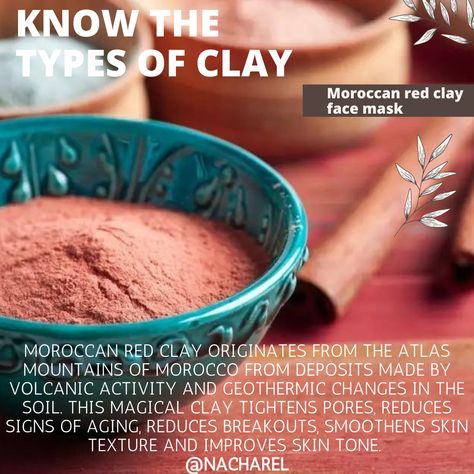 Moroccan red clay originates from the Atlas Mountains of Morocco from deposits made by volcanic activity and geothermic changes in the soil. This magical clay tightens pores, reduces signs of aging, reduces breakouts, smoothens skin texture and improves skin tone. Mix equal parts of the red clay powder with water to create a paste. Apply it to a clean face and leave it on for 20 minutes. When it is dry, rinse it off and then proceed with the rest of your skincare routine. Clay Face Mask, Clay Face, Improve Skin Tone, Tighten Pores, Red Clay, Clean Face, Homemade Skin Care, Atlas Mountains, Skin Texture