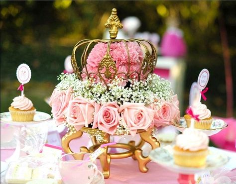 Princess party centrepiece! Vintage Tea Party Birthday, Princess Party Centerpieces, Tea Party Birthday Theme, Tea Party Centerpieces, Princess Centerpieces, Crown Centerpiece, Pink Princess Party, Fairytale Birthday, Fairytale Party