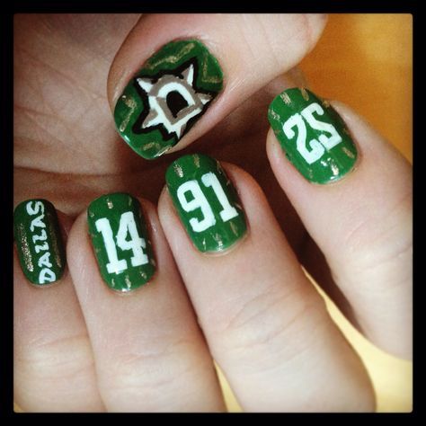 DALLAS STARS NAILS! Hockey Nail Art, Dallas Nails, Hockey Nails, Nails Star, Stars Nails, Sports Nails, Star Nail Designs, Dallas Stars Hockey, Themed Nails